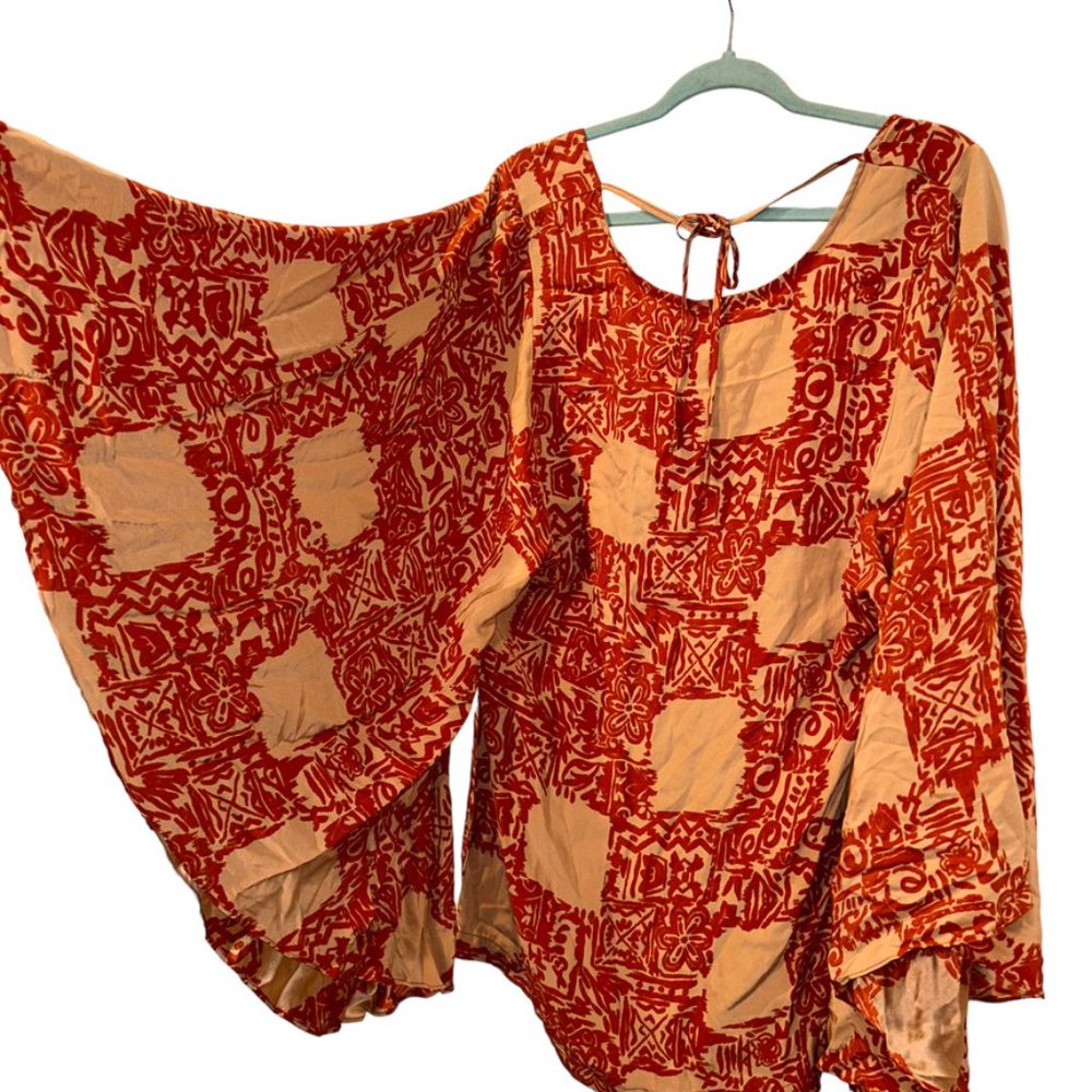 Sunner Stunner orange khaki Silk ethnic kimono sleeve tunic top S